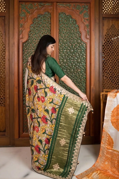 Ivory Heritage Shamu Gajji Silk Bandhani Saree with Gota Patti & Kalamkari Border