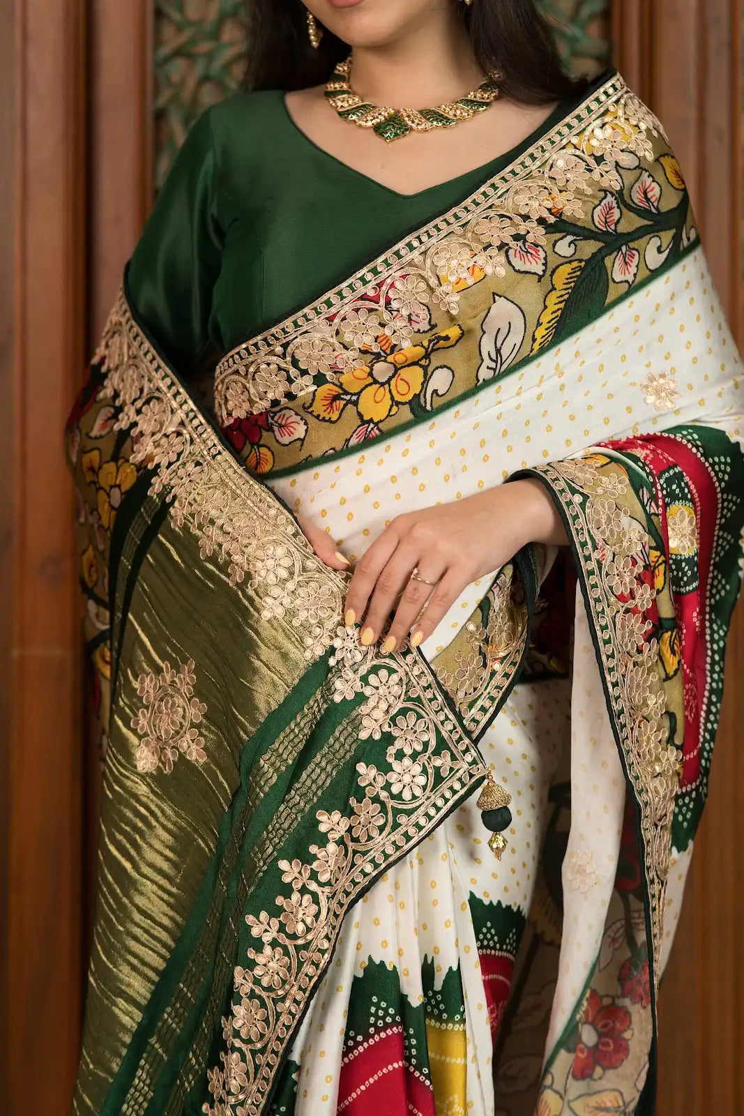 Ivory Heritage Shamu Gajji Silk Bandhani Saree with Gota Patti & Kalamkari Border
