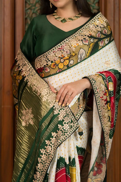 Ivory Heritage Shamu Gajji Silk Bandhani Saree with Gota Patti & Kalamkari Border