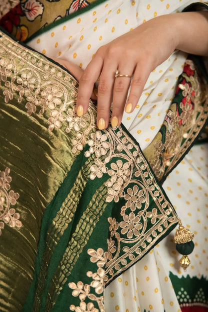 Ivory Heritage Shamu Gajji Silk Bandhani Saree with Gota Patti & Kalamkari Border