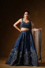 Load image into Gallery viewer, Navy Blue Floral Embroidered Lehenga Set
