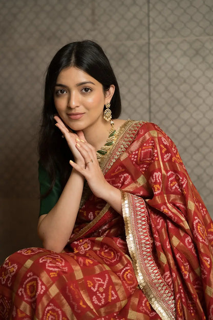 Rust Red Ghar Chola Bandhani Chiffon Saree with Fancy Border