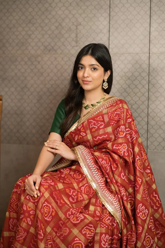 Rust Red Ghar Chola Bandhani Chiffon Saree with Fancy Border