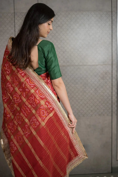 Rust Red Ghar Chola Bandhani Chiffon Saree with Fancy Border