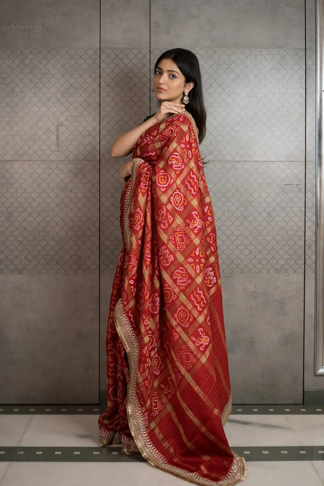 Rust Red Ghar Chola Bandhani Chiffon Saree with Fancy Border