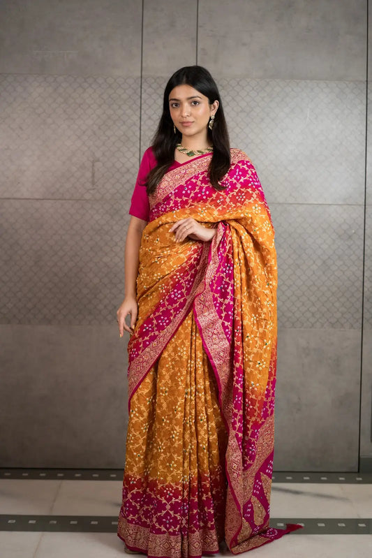 Mustard Bandhani Silk Saree with Handwork & Zari Border