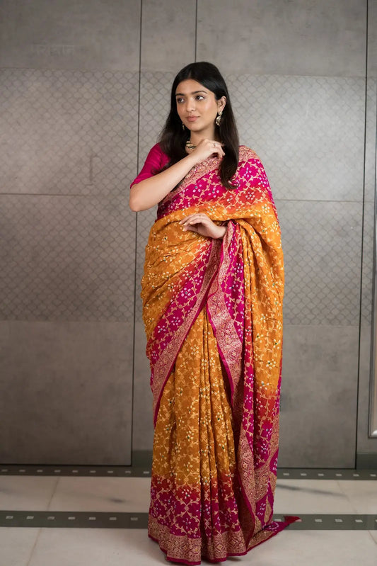 Mustard Bandhani Silk Saree with Handwork & Zari Border