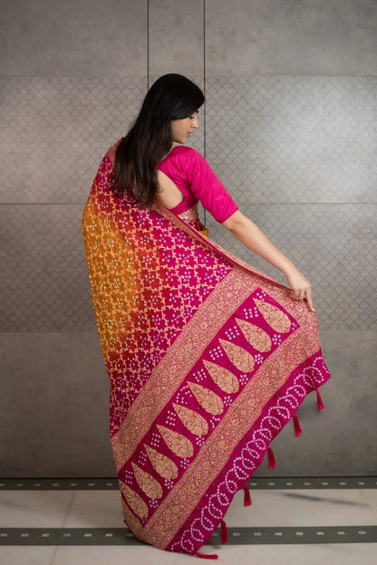 Mustard Bandhani Silk Saree with Handwork & Zari Border