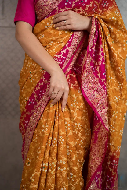 Mustard Bandhani Silk Saree with Handwork & Zari Border