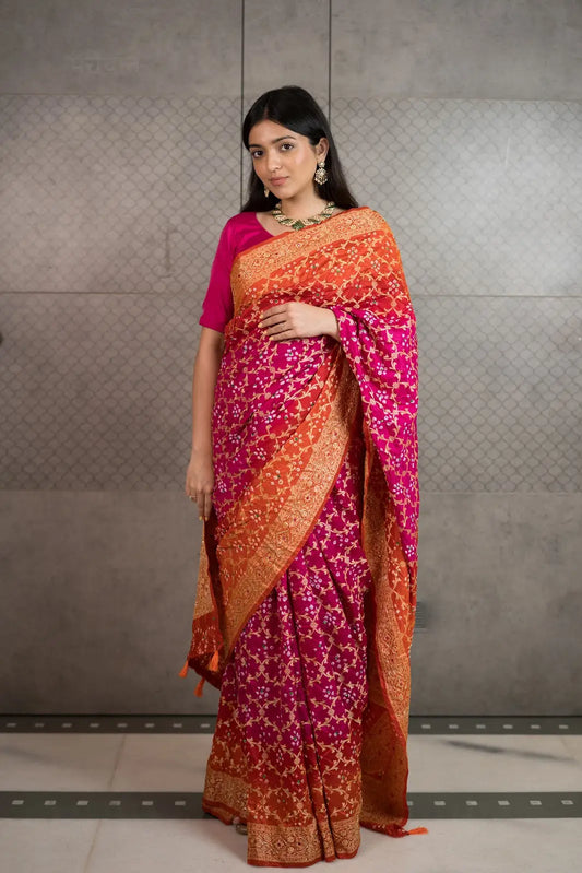 Rani Pink & Orange Bandhani Silk Saree with Handwork & Zari Border