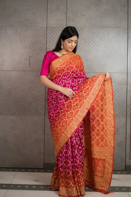 Rani Pink & Orange Bandhani Silk Saree with Handwork & Zari Border