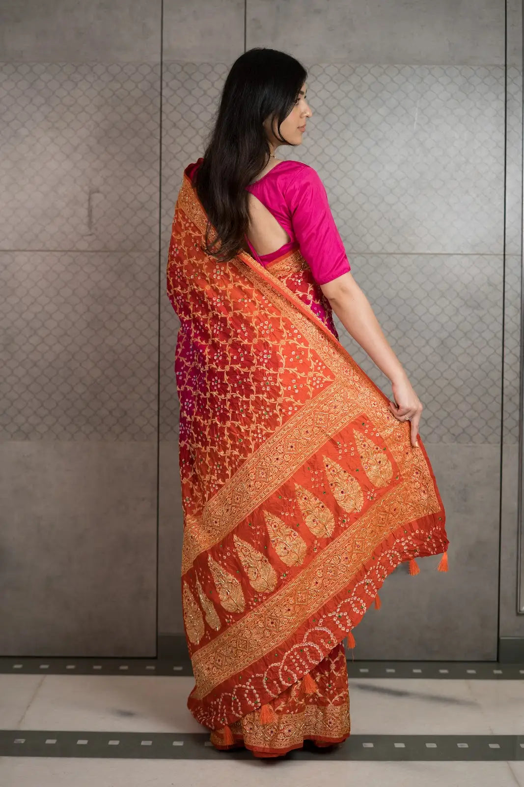 Mustard Bandhani Silk Saree with Handwork & Zari Border