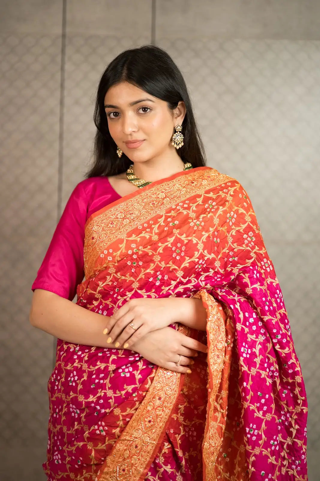 Rani Pink & Orange Bandhani Silk Saree with Handwork & Zari Border
