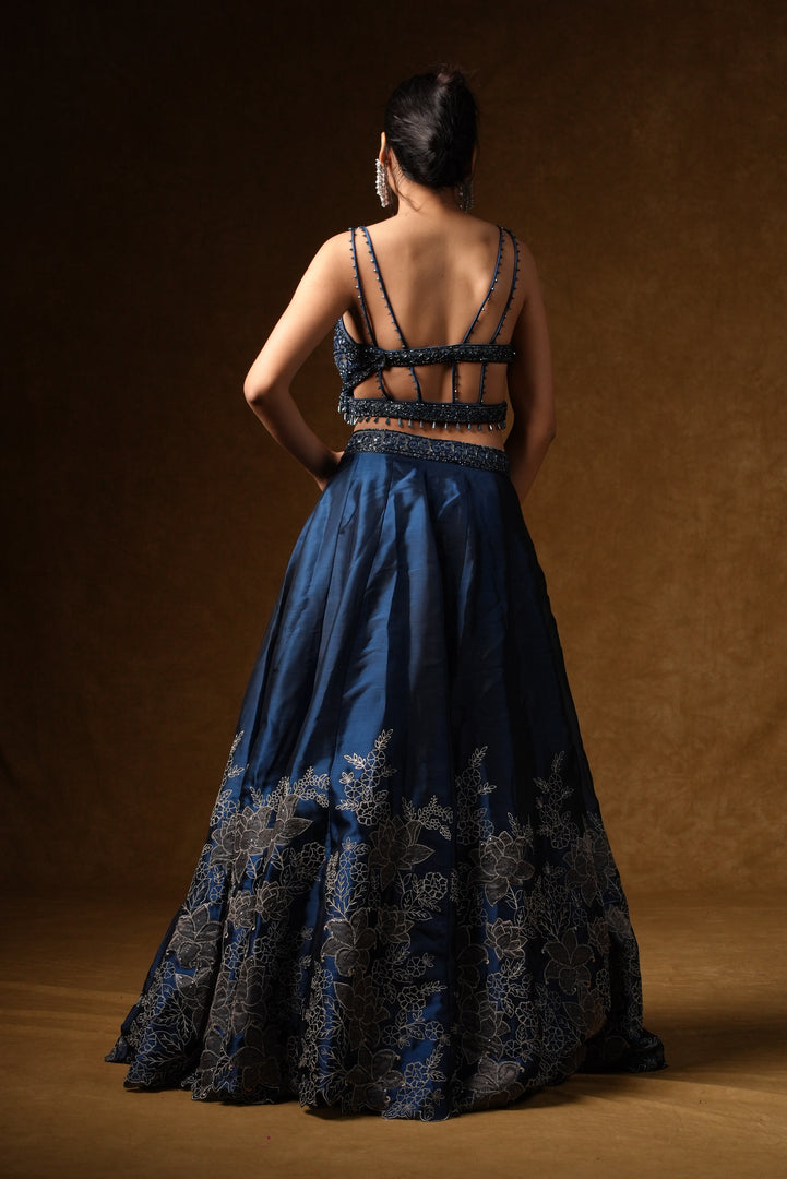 Navy Blue Floral Embroidered Lehenga Set