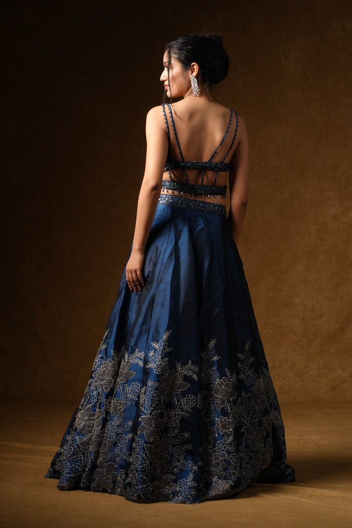 Navy Blue Floral Embroidered Lehenga Set