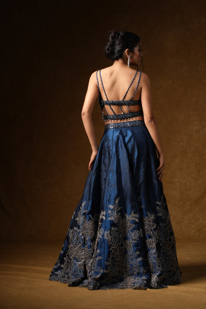 Navy Blue Floral Embroidered Lehenga Set