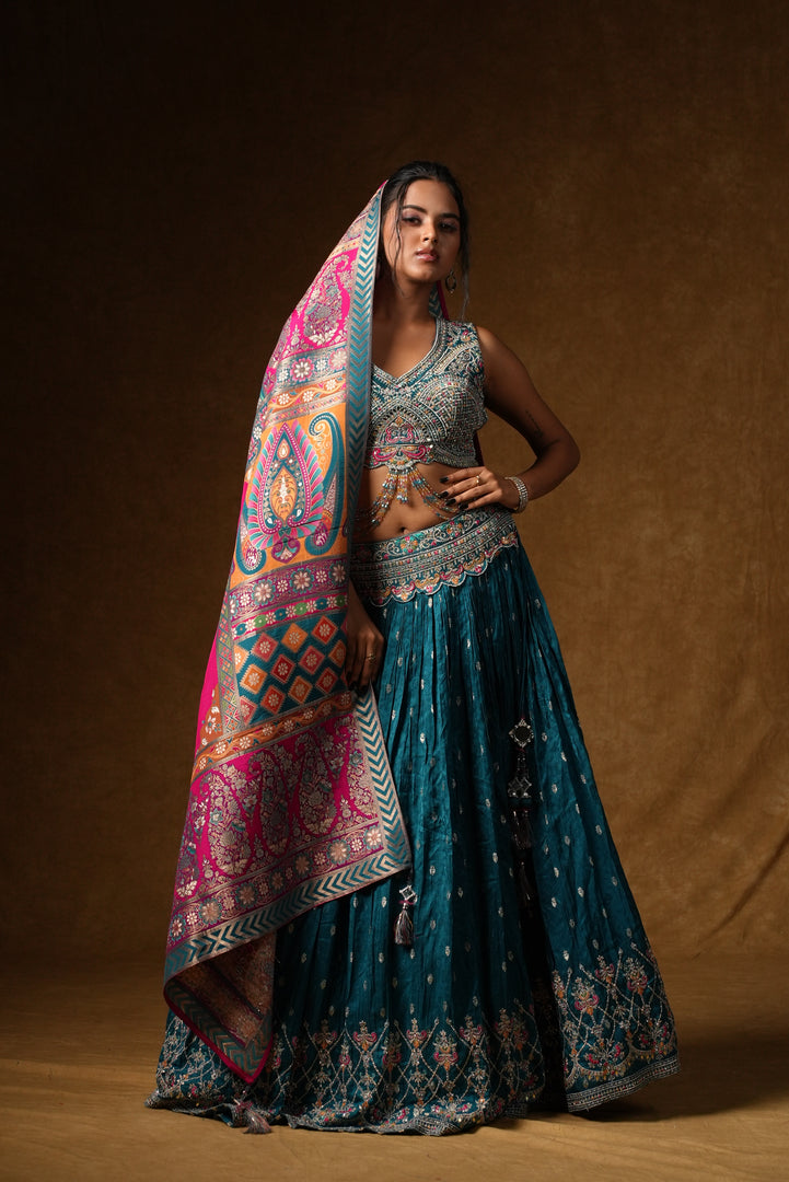 Teal Crystal Embellished Lehenga Set