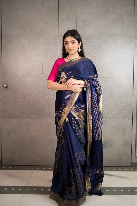 Royal Navy Art Crepe Saree with Fancy Printed Design & Zari Accents