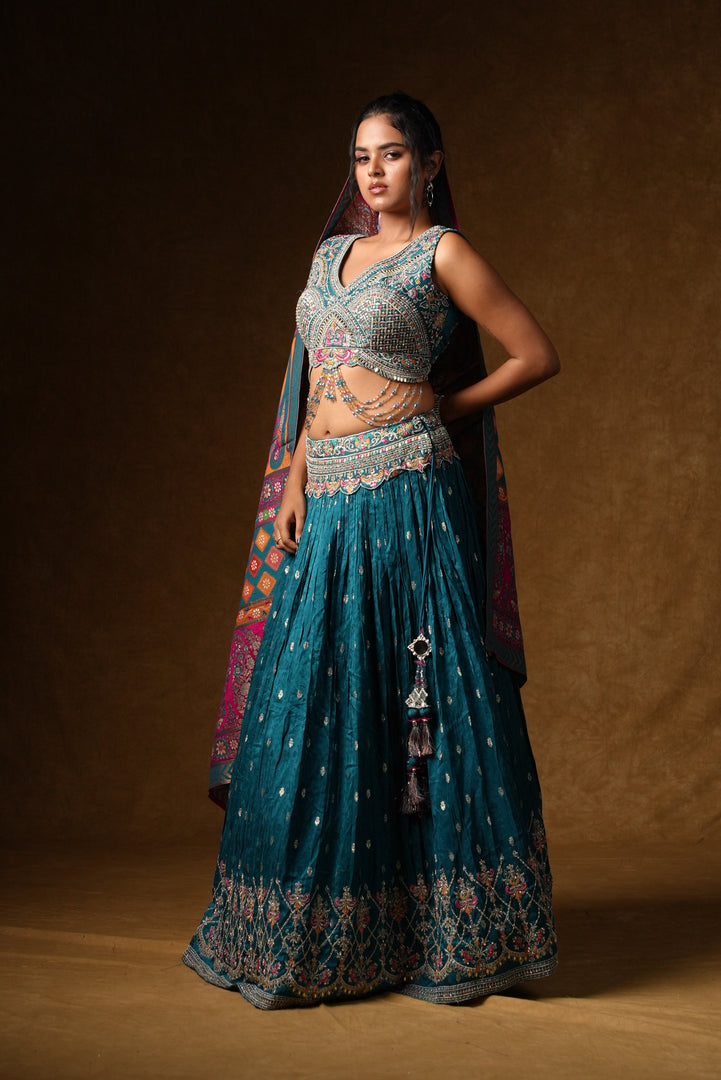 Teal Crystal Embellished Lehenga Set