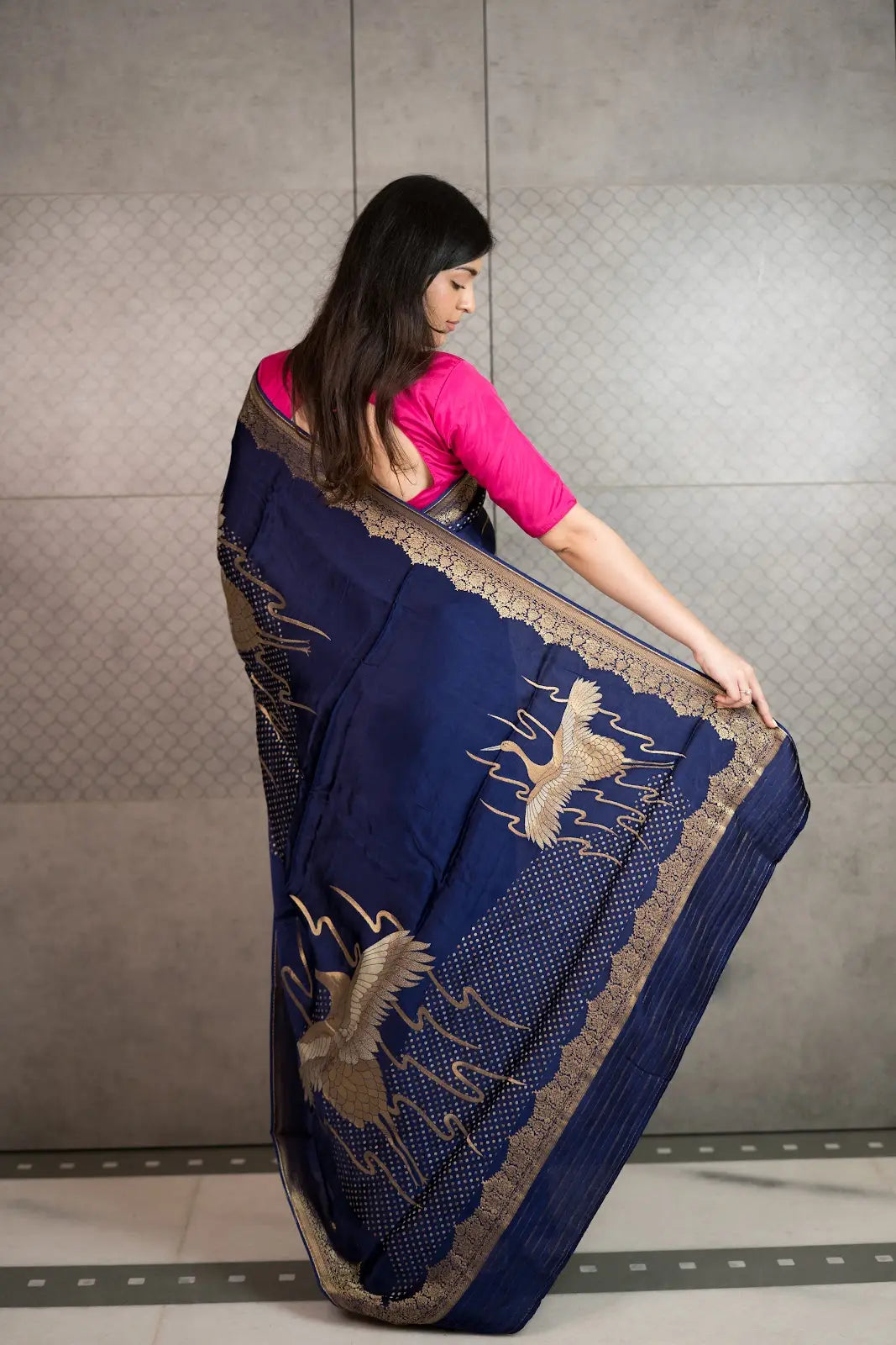 Royal Navy Art Crepe Saree with Fancy Printed Design & Zari Accents