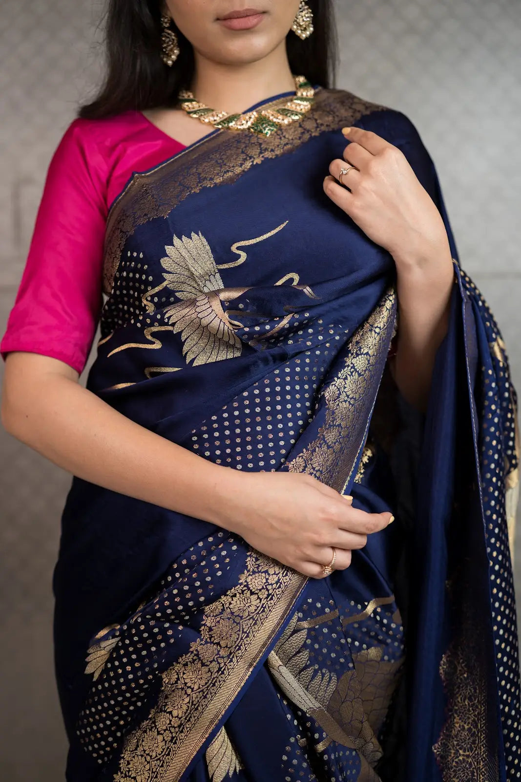 Royal Navy Art Crepe Saree with Fancy Printed Design & Zari Accents