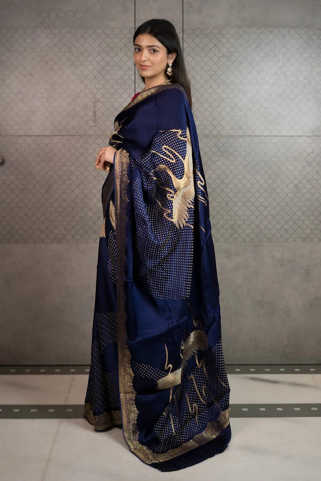 Royal Navy Art Crepe Saree with Fancy Printed Design & Zari Accents