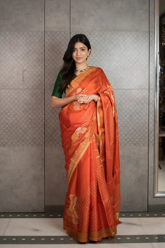 Rust Orange Art Crepe Saree with Fancy Printed Design & Zari Accents