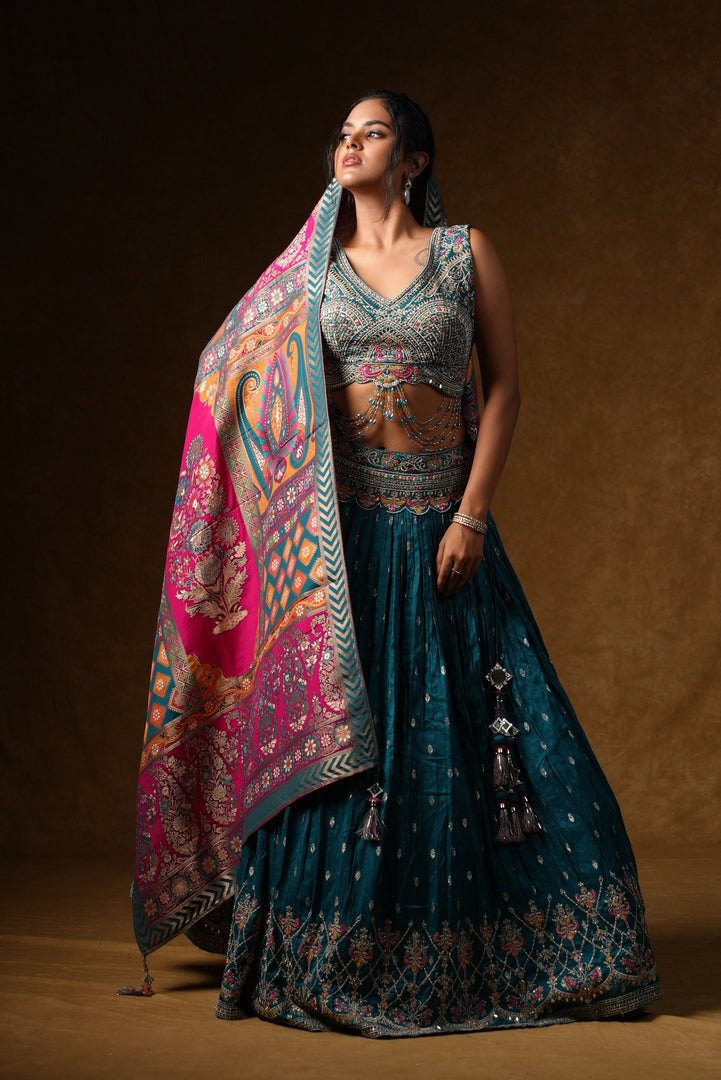 Teal Crystal Embellished Lehenga Set