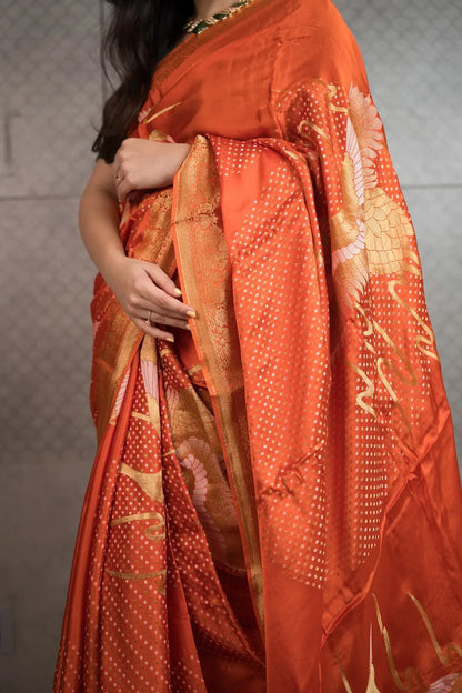 Rust Orange Art Crepe Saree with Fancy Printed Design & Zari Accents