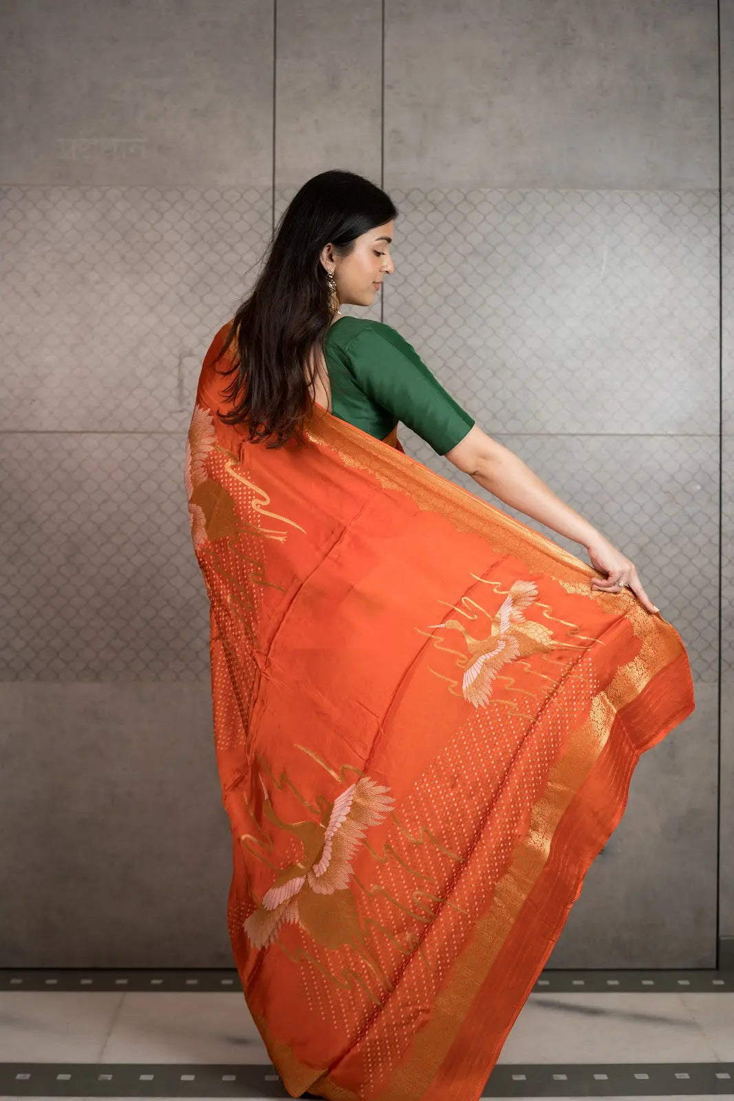 Rust Orange Art Crepe Saree with Fancy Printed Design & Zari Accents