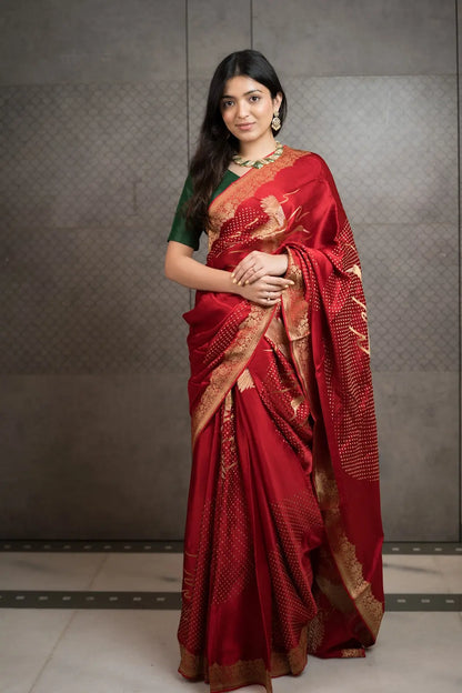 Royal Red Art Crepe Saree with Fancy Printed Design & Zari Accents