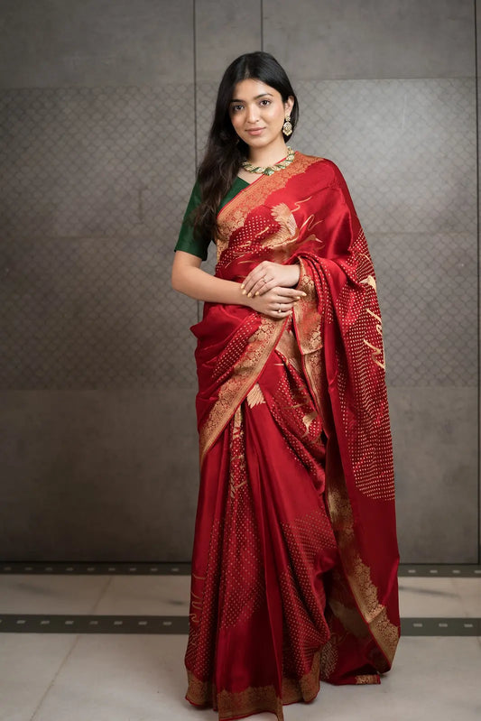 Royal Red Art Crepe Saree with Fancy Printed Design & Zari Accents