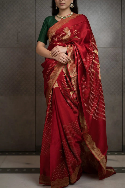 Royal Red Art Crepe Saree with Fancy Printed Design & Zari Accents