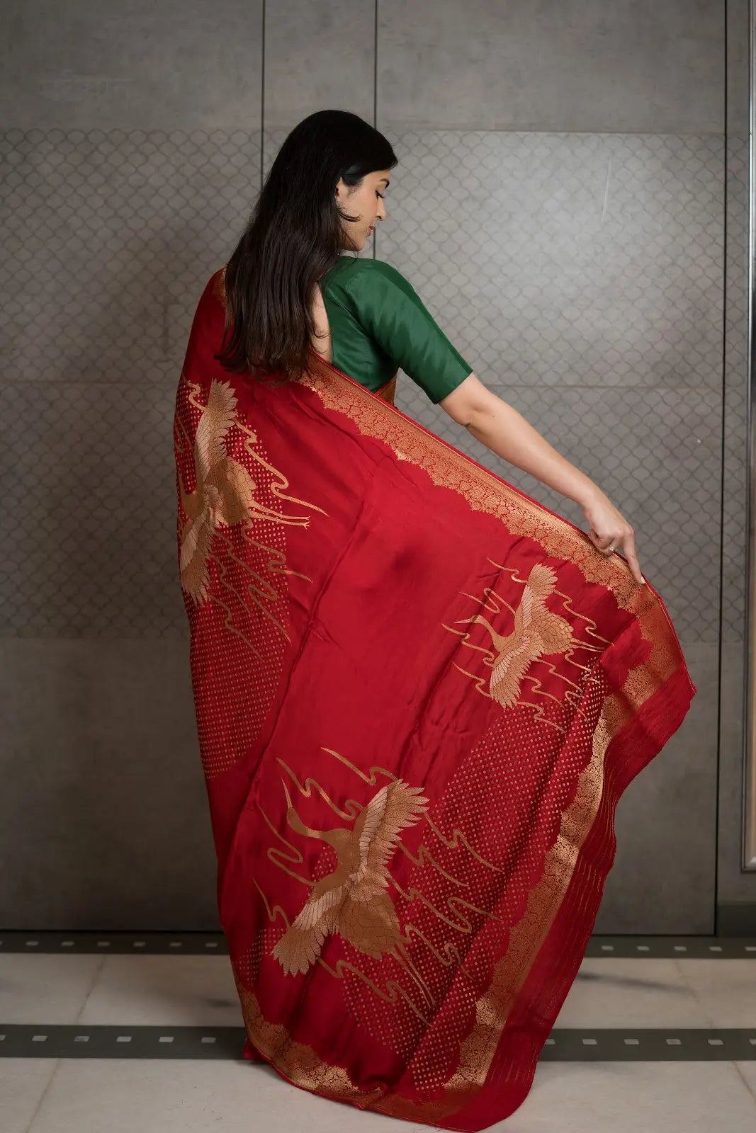 Royal Red Art Crepe Saree with Fancy Printed Design & Zari Accents