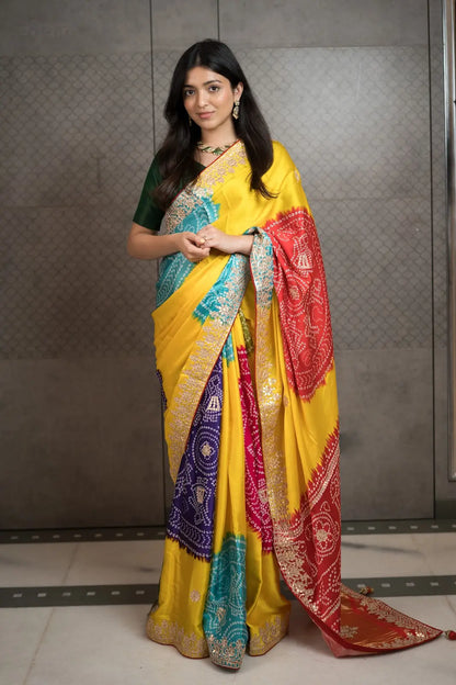 Sunshine Multicolor Shamu Gajji Silk Bandhani Saree with Gota Patti Work