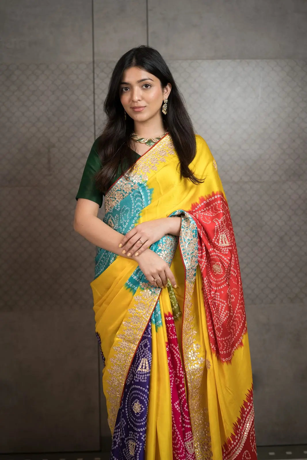 Sunshine Multicolor Shamu Gajji Silk Bandhani Saree with Gota Patti Work