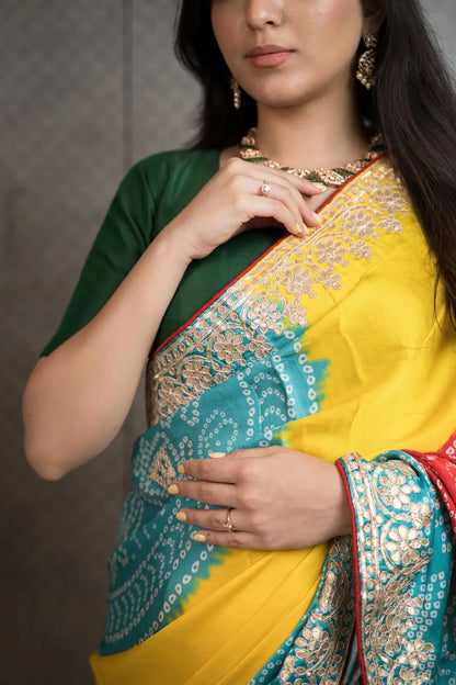 Sunshine Multicolor Shamu Gajji Silk Bandhani Saree with Gota Patti Work