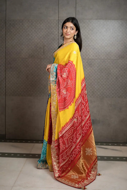 Sunshine Multicolor Shamu Gajji Silk Bandhani Saree with Gota Patti Work