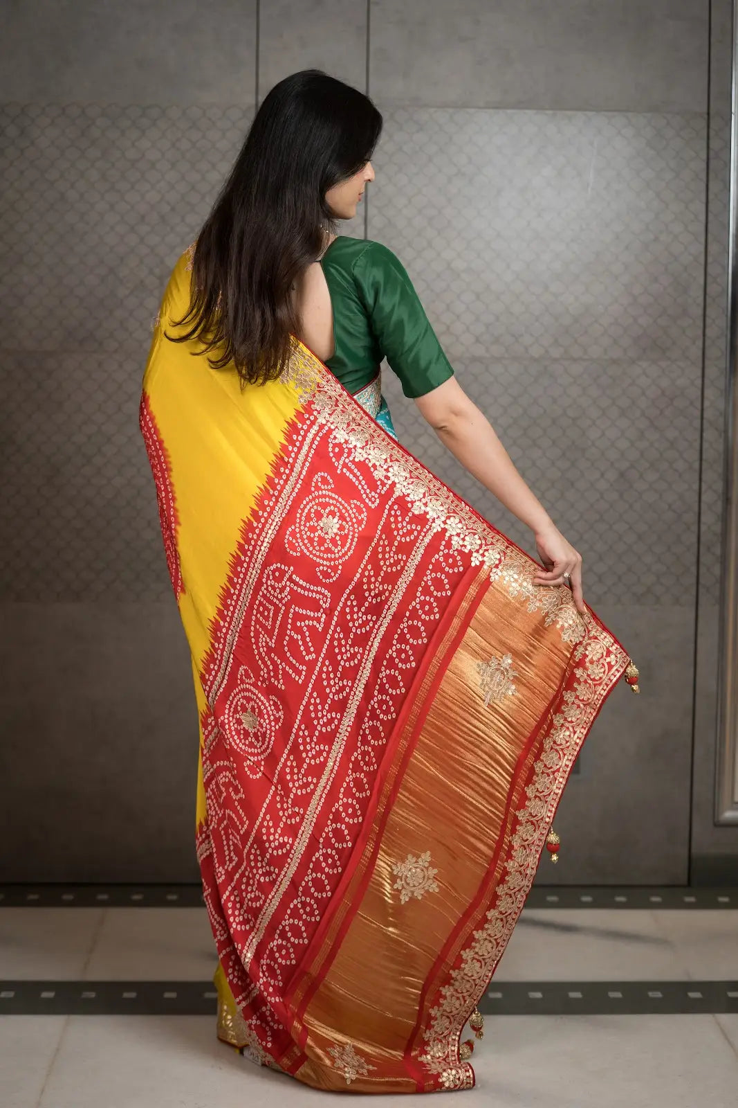 Sunshine Multicolor Shamu Gajji Silk Bandhani Saree with Gota Patti Work