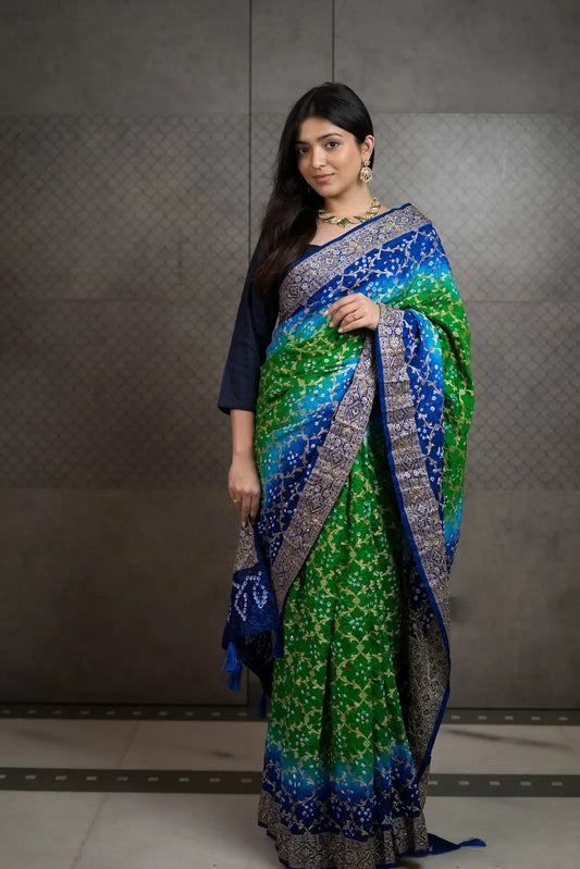 Royal Blue & Green Bandhani Silk Saree with Handwork & Zari Border