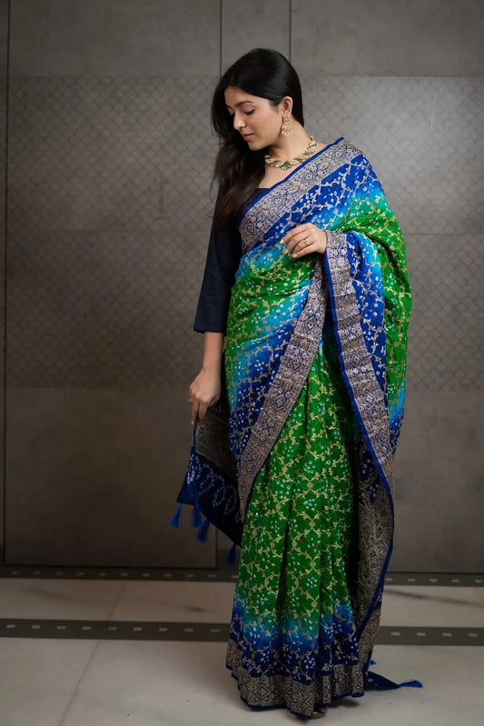 Royal Blue & Green Bandhani Silk Saree with Handwork & Zari Border