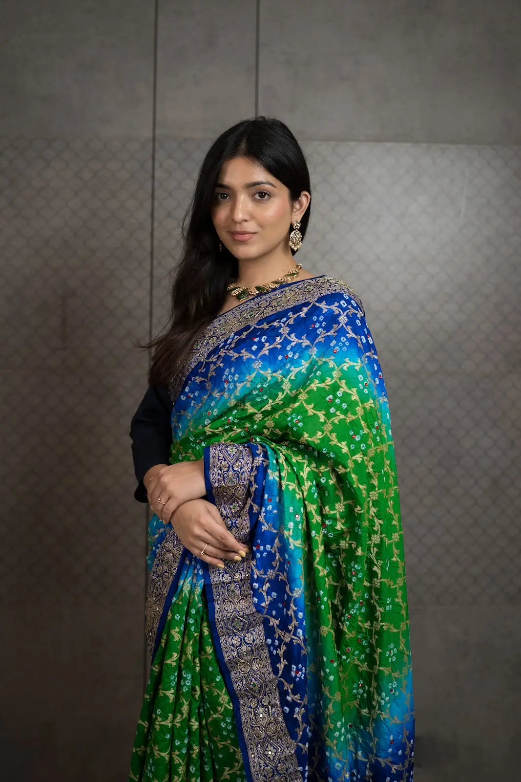Royal Blue & Green Bandhani Silk Saree with Handwork & Zari Border