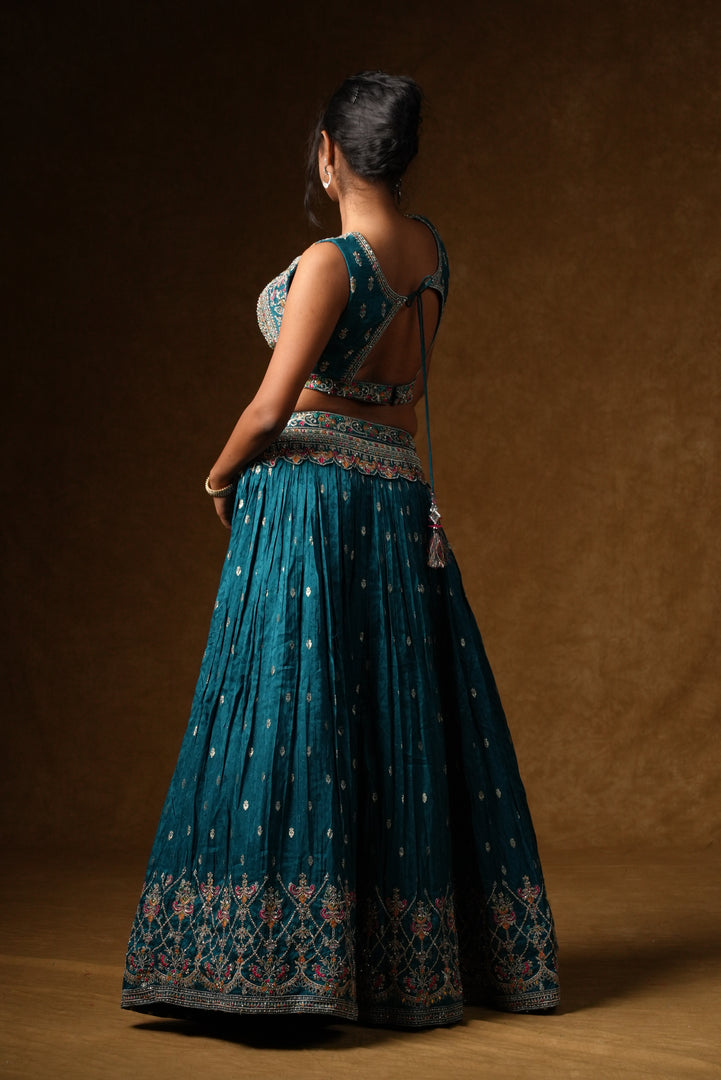 Teal Crystal Embellished Lehenga Set