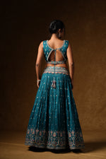 Load image into Gallery viewer, Teal Crystal Embellished Lehenga Set
