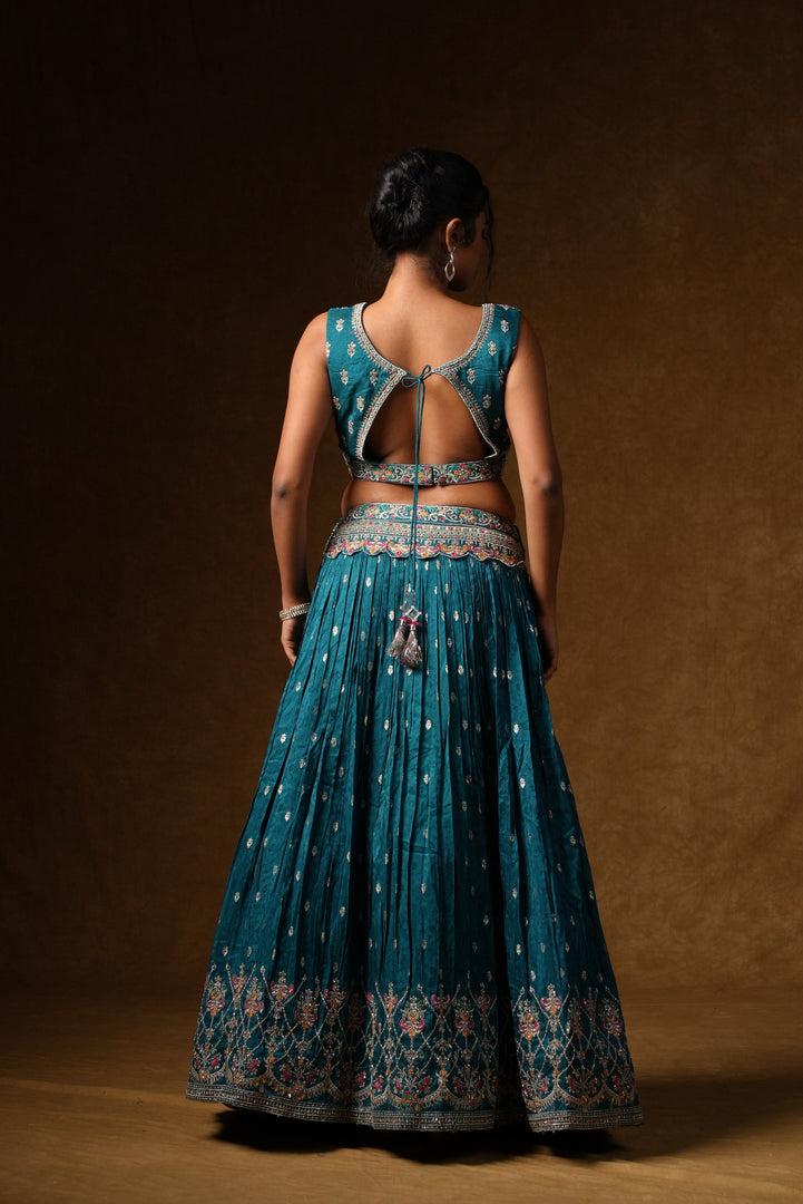 Teal Crystal Embellished Lehenga Set