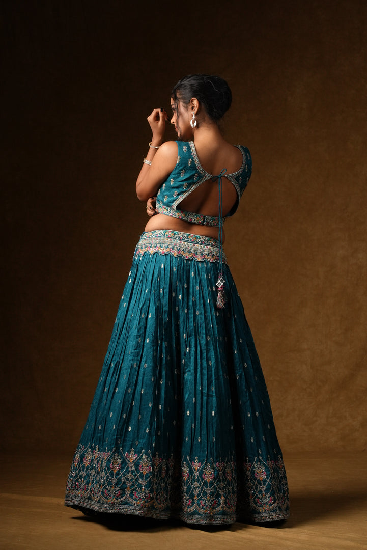 Teal Crystal Embellished Lehenga Set