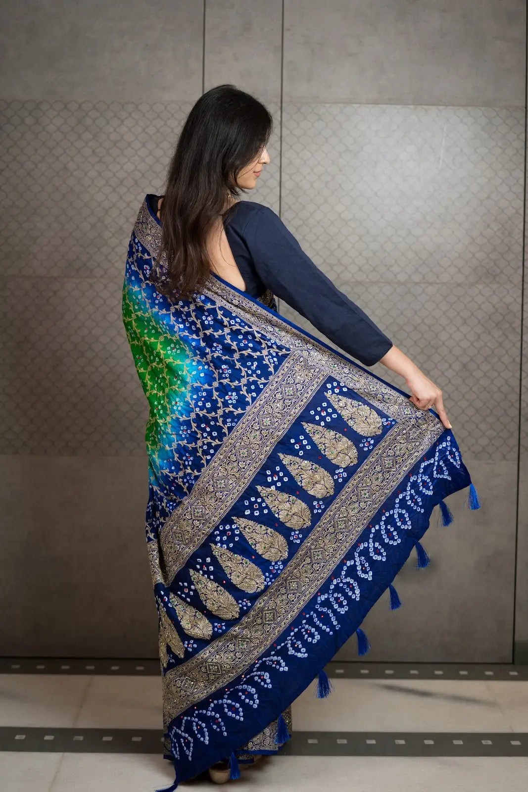 Royal Blue & Green Bandhani Silk Saree with Handwork & Zari Border