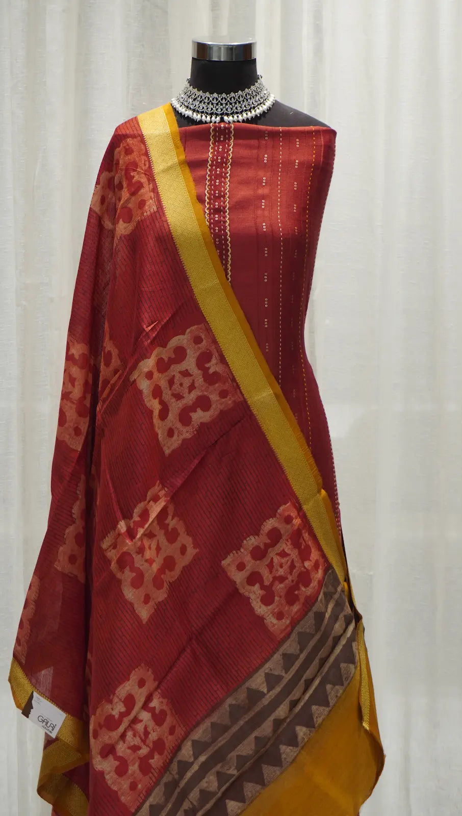 Rust Heritage Munga Tussar Dupatta with Hand Block Prints
