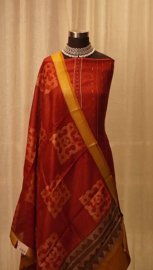 Rust Heritage Munga Tussar Dupatta with Hand Block Prints