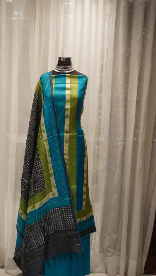 Teal Elegance Tussar Silk Dupatta with Block Prints & Thread Work